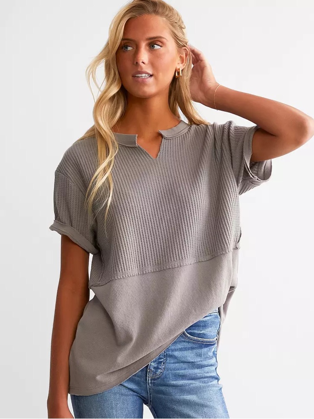 BKE Split Neck Women’s Grey Textured Waffle Knit Short Sleeve Top